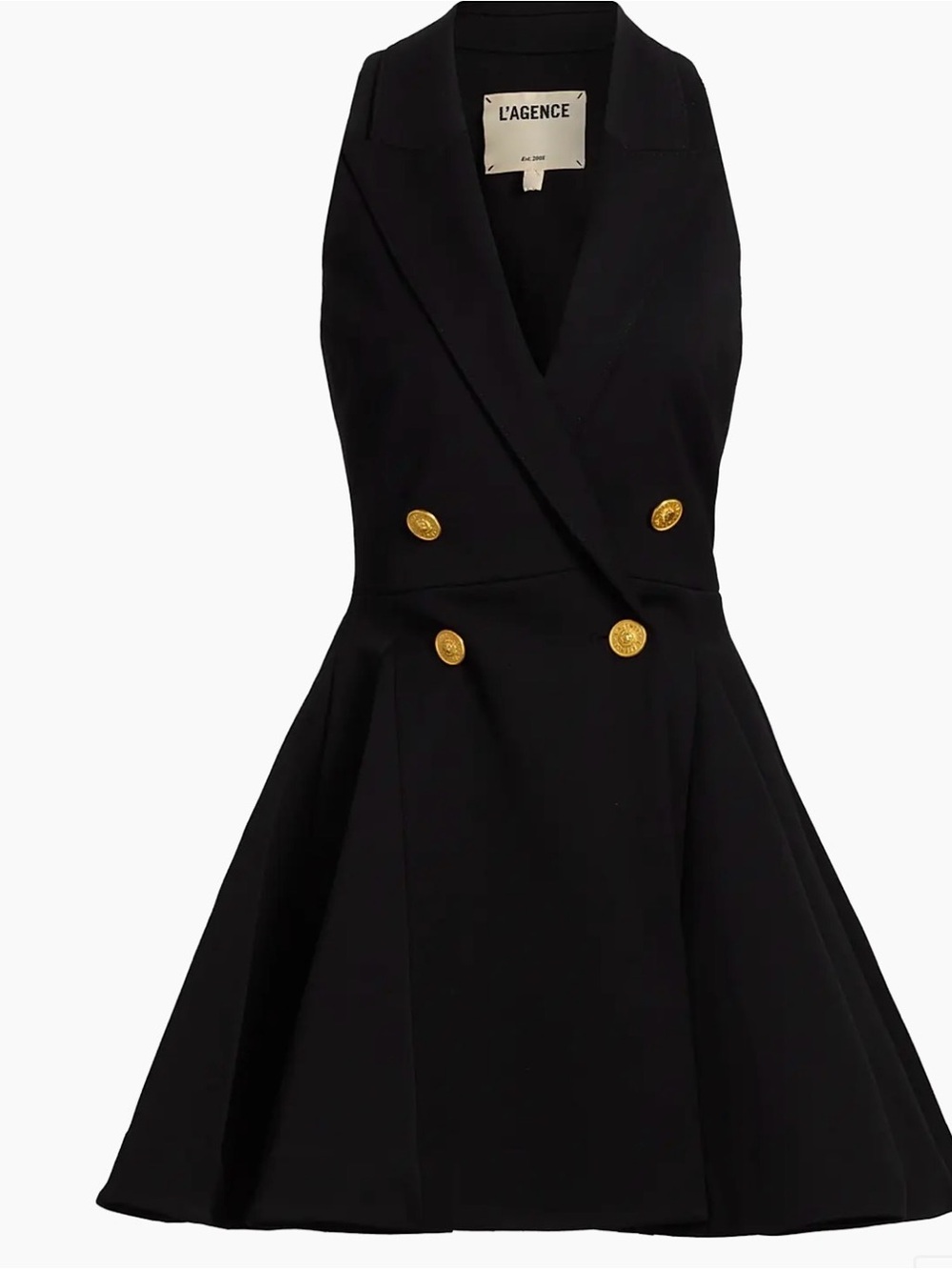 L'AGENCE Black Sleeveless Double-Breasted Fit-and-Flare Dress with Gold Buttons